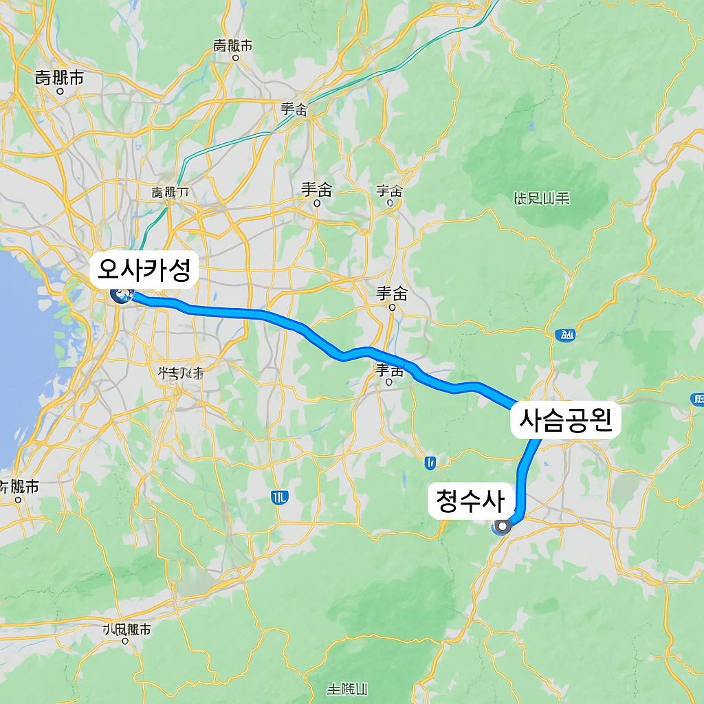 일본 패키지여행 추천|자유여행보다 만족도가 높은 이유 6가지 2 오사카성-사슴공원-청수사 동선을 보여줍니다.